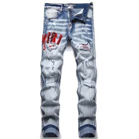 AMIRI new foreign trade style fashion blue ripped patch embroidery elastic mid-waist slim-fit men's jeans (5 styles)-2432  
